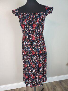 Lulu's Small View from the Meadow Black Floral Print Off the Shoulder Dress Midi